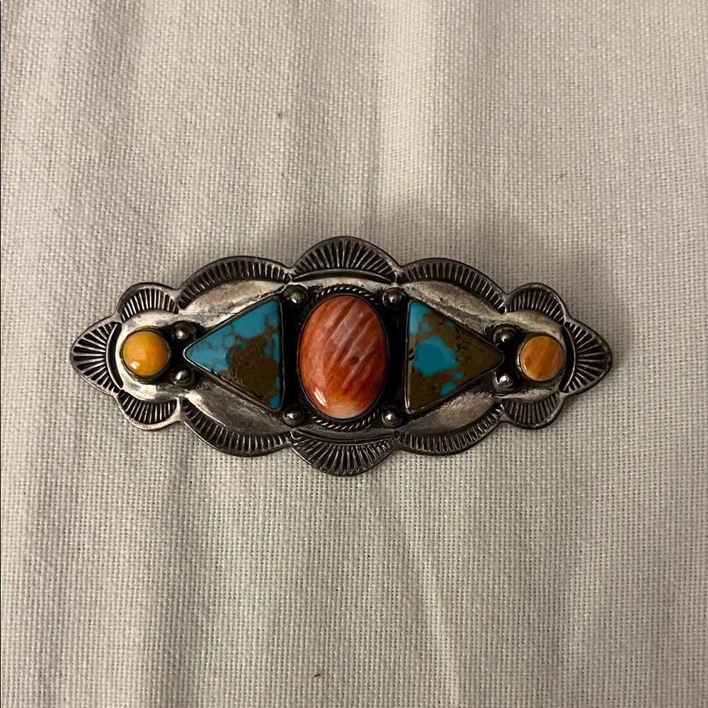 VINTAGE NAVAJO-STERLING, SPINY OYSTER & TURQUOISE broach/pin